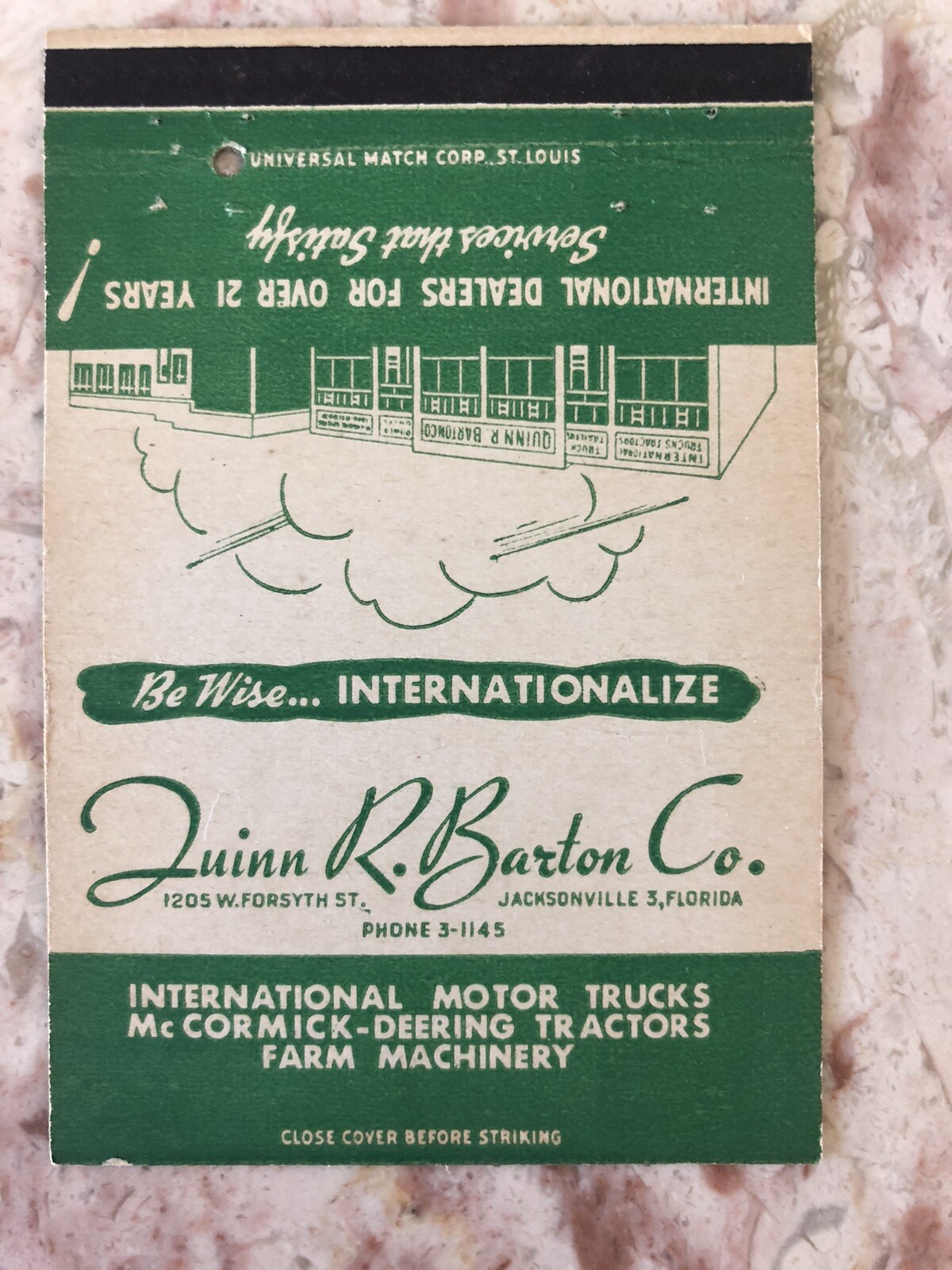 Quinn R. Barton Co. McCormick-Deering Tractors 40 Strike Matchbook Cover Florida
