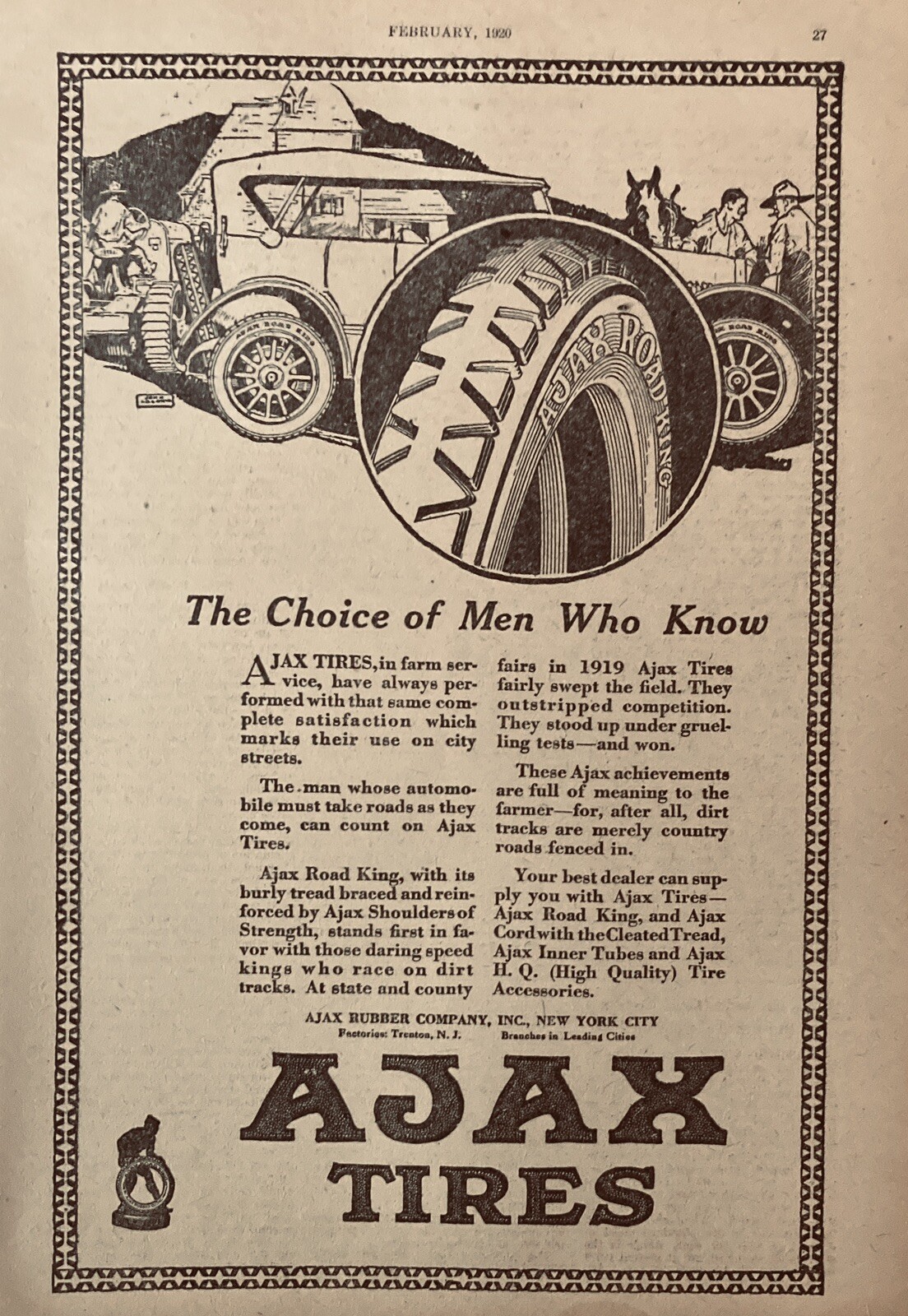 1920 AD.(XF11)~AJAX RUBBER CO. NYC. AJAX ROAD KING TIRES