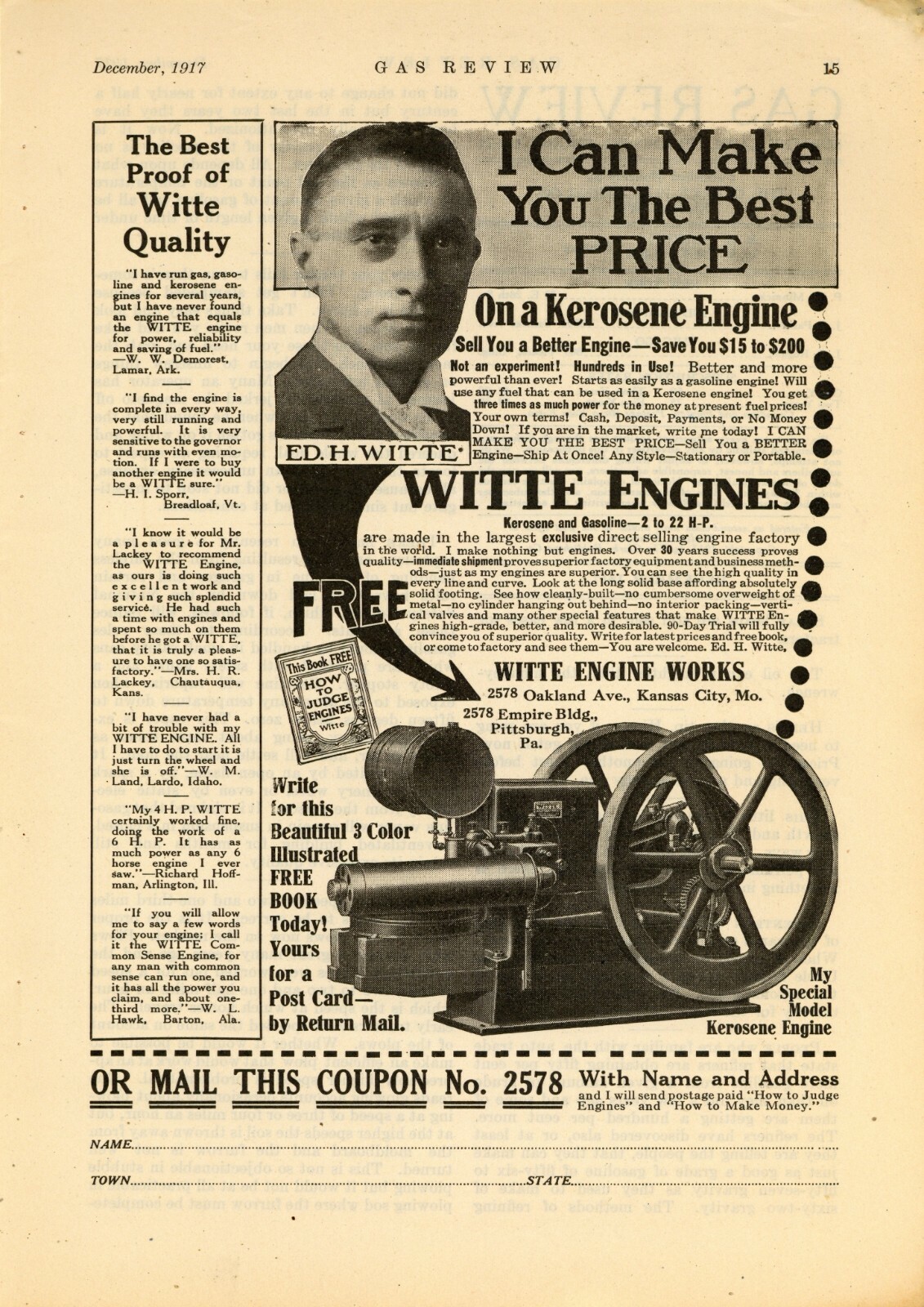 1917 Witte Engine Works Ad: Kerosene Engines – Kansas City, Missouri