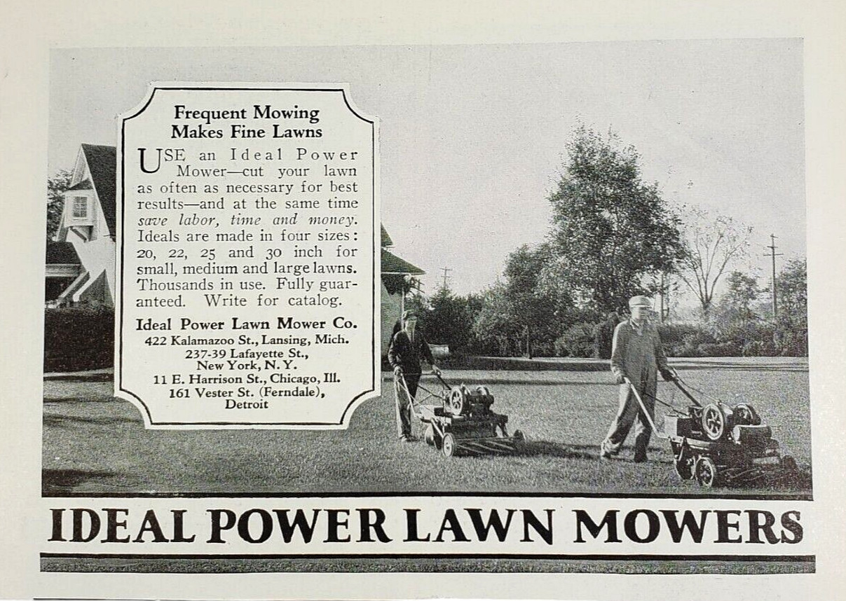 1927 Ideal Power Lawn Mowers Print Ad Frequent Mowing Makes Fine Lawns RealPhoto