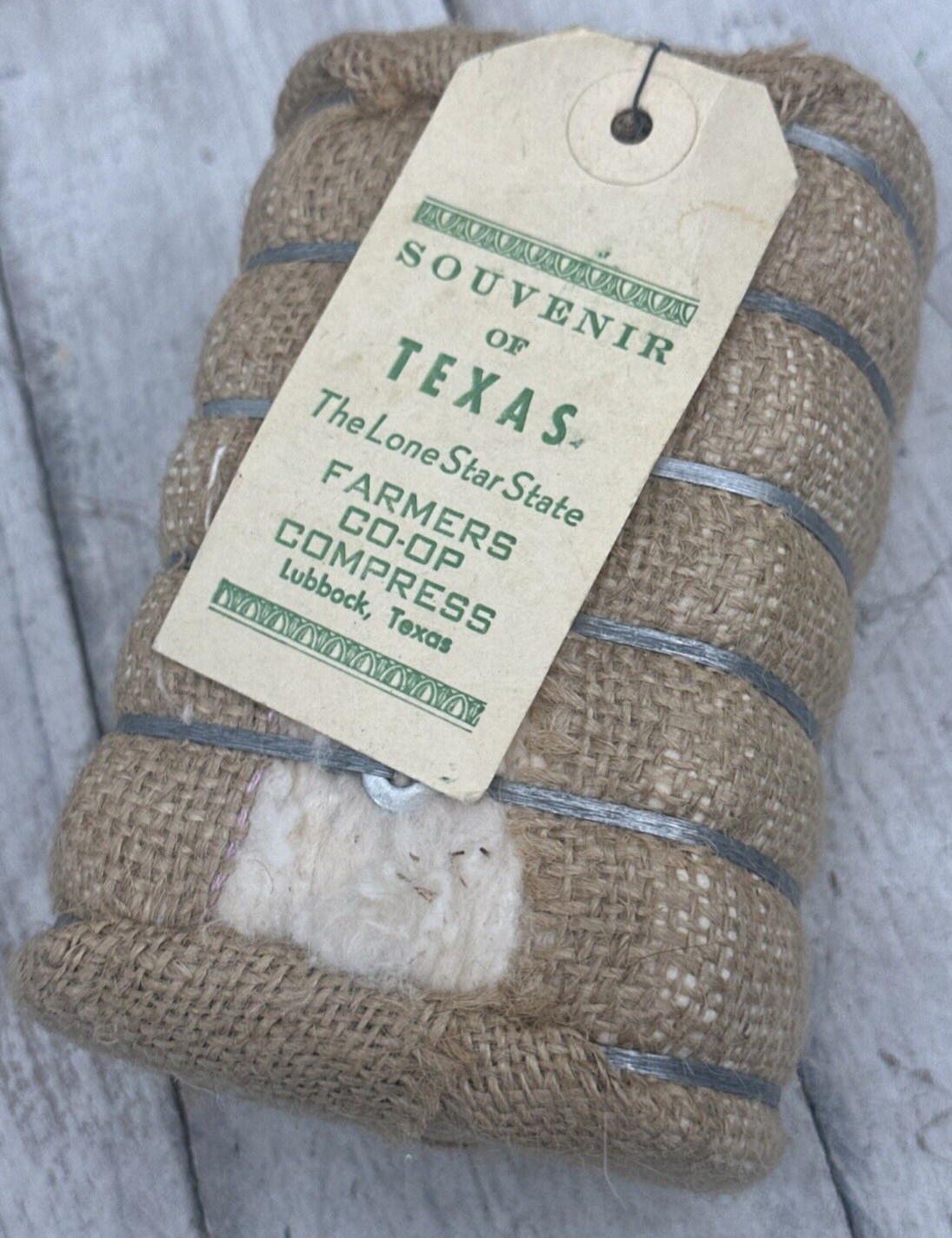 Vintage Souvenir Cotton Bale Texas TX Miniature Lubbock Farmers Co-Op Compress