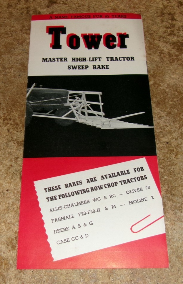 vintage tower high-lift tractor sweep rake 2 page pamphlet very good used