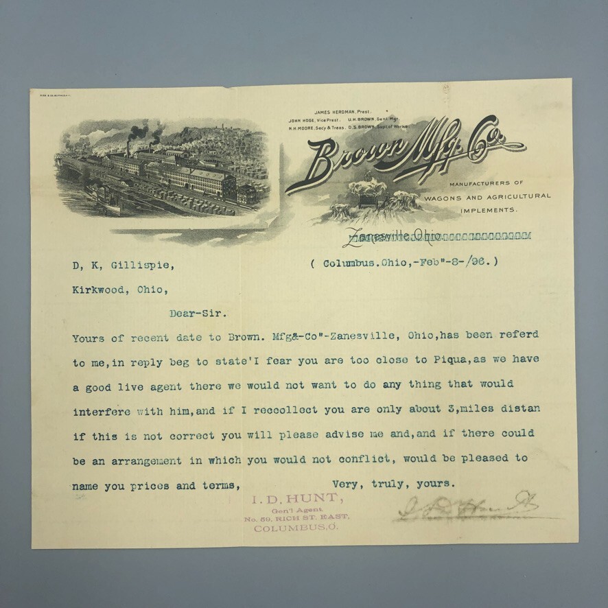 1896 BROWN Mfg WAGONS Plow FARM Illustrated Postal Cover Letterhead Advertising
