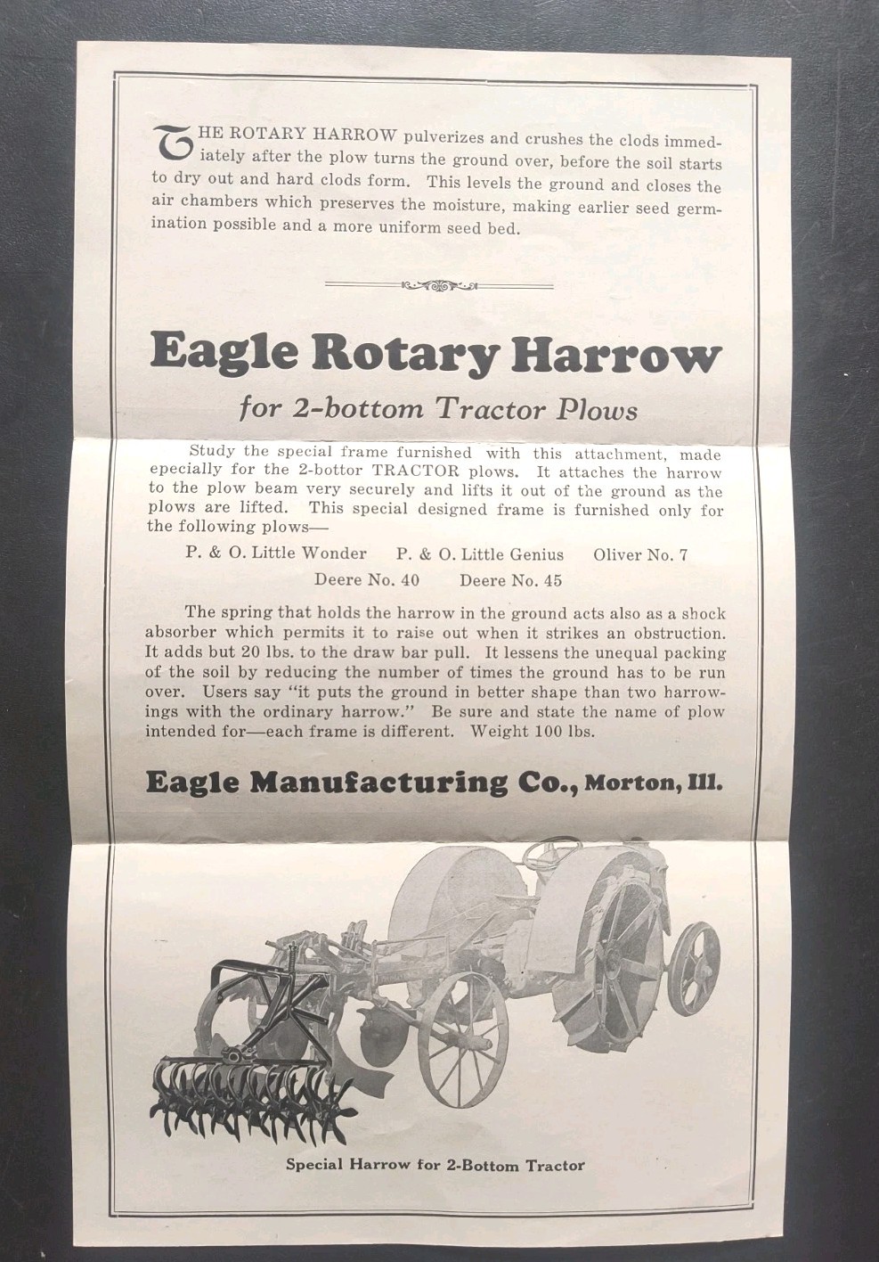 1920 Eagle Mfg. Rotary Harrow Dealer Advertising Brochure Lot Farming Ad Ill