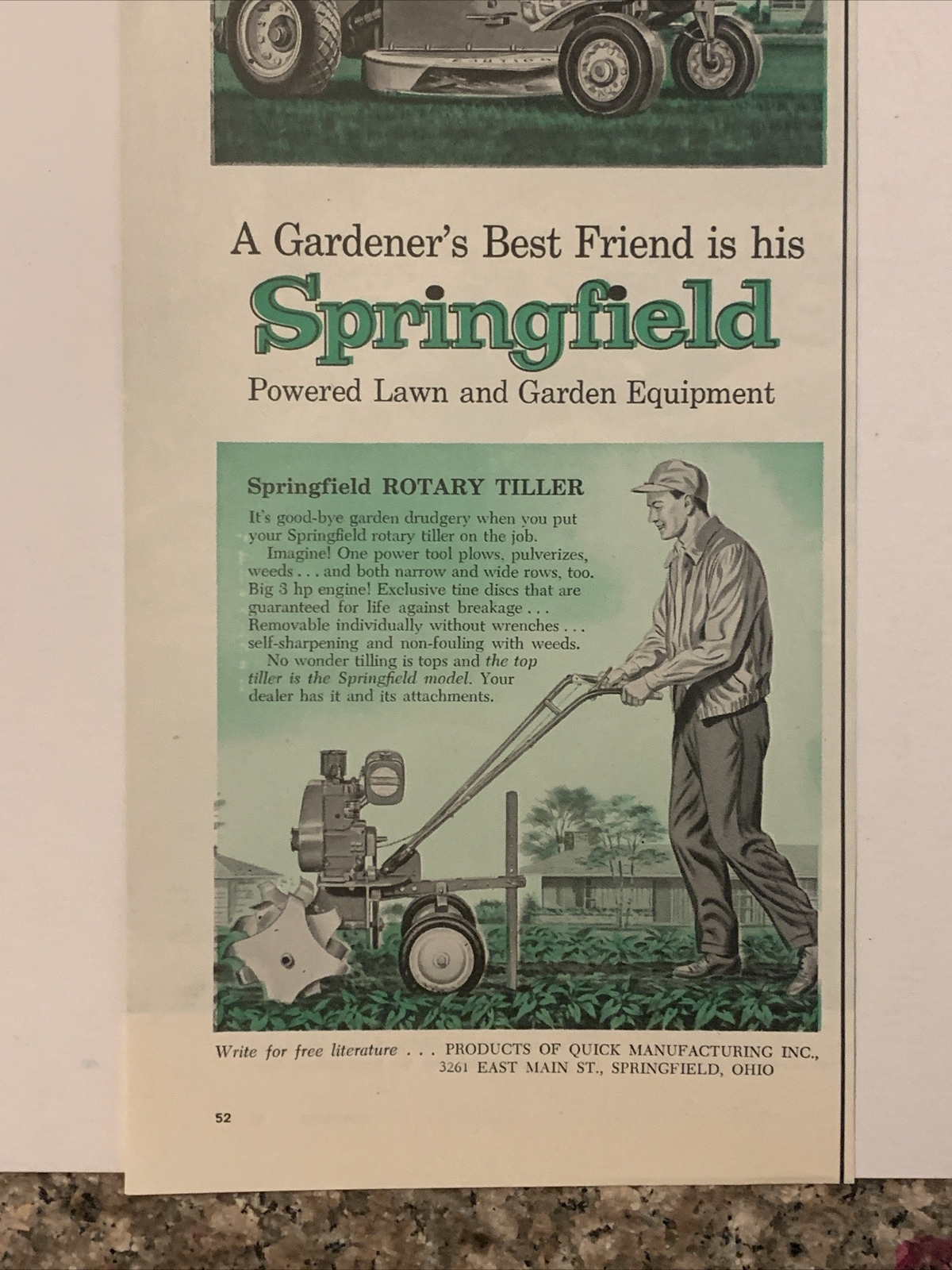 1957 Springfield Lawn & Garden PRINT AD Riding Mower Rotary Tiller Ohio VTG 50s