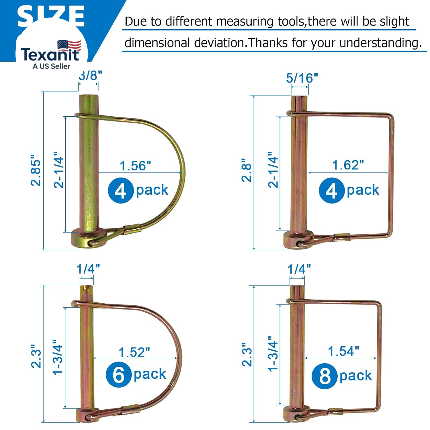 22 Pcs Shaft Locking Pin in 1/4&Prime;, 5/16&Prime; and 3/8&Prime; Diameter in 2 Shapes of Square