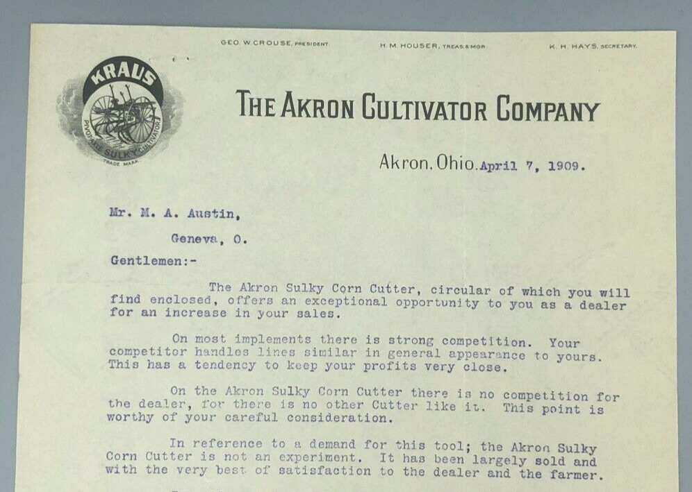 1909 AKRON CULTIVATOR Sulky KRAUS Plow Antique Letter FARM Advertising Ohio