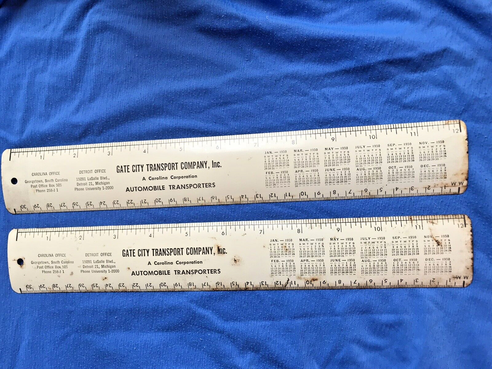 2 Vintage 1950 Metal Ruler w/Calendar Gate City Automobile Detroit Michigan SC