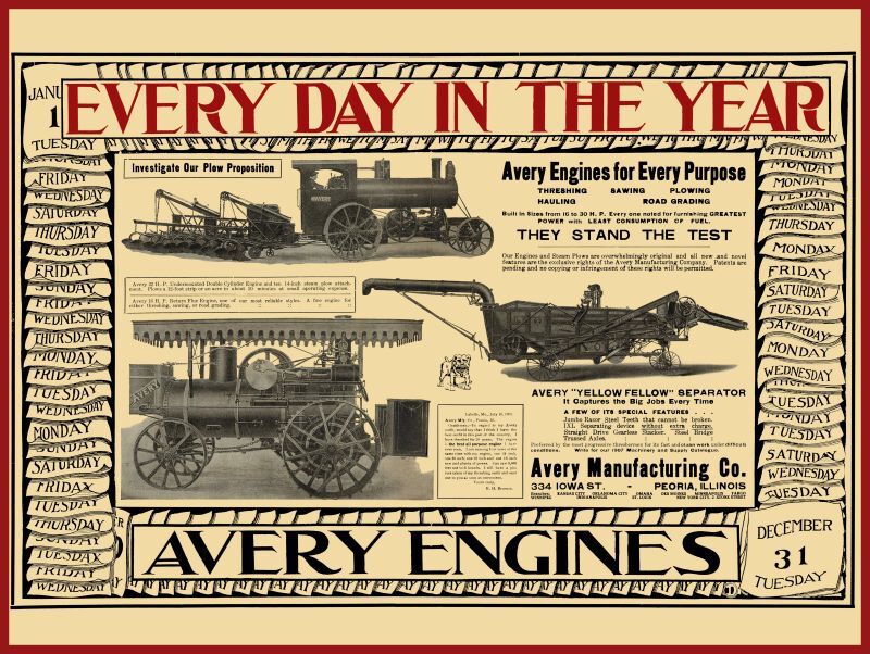 1907 Avery Co. NEW Metal Sign: Yellow Fellow & Traction Engine – Peoria Illinois