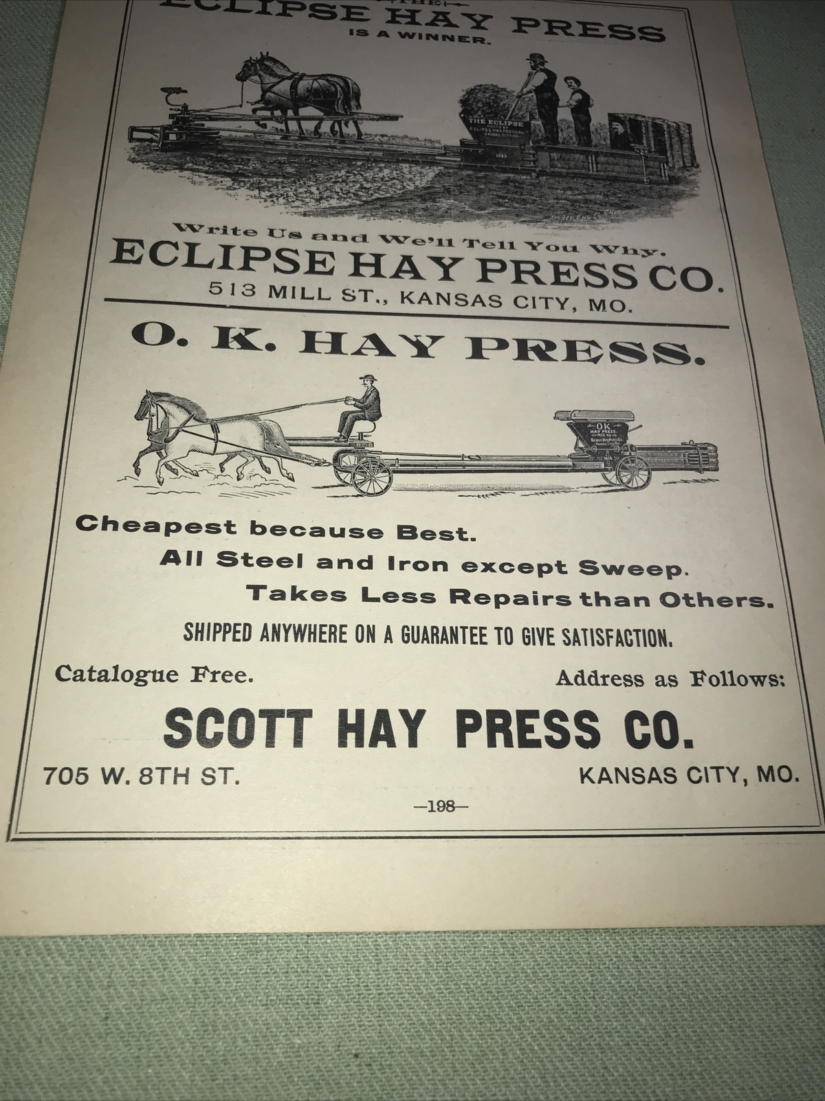 1898 Scott Hay Press Farm Advertising – Kansas City – Missouri