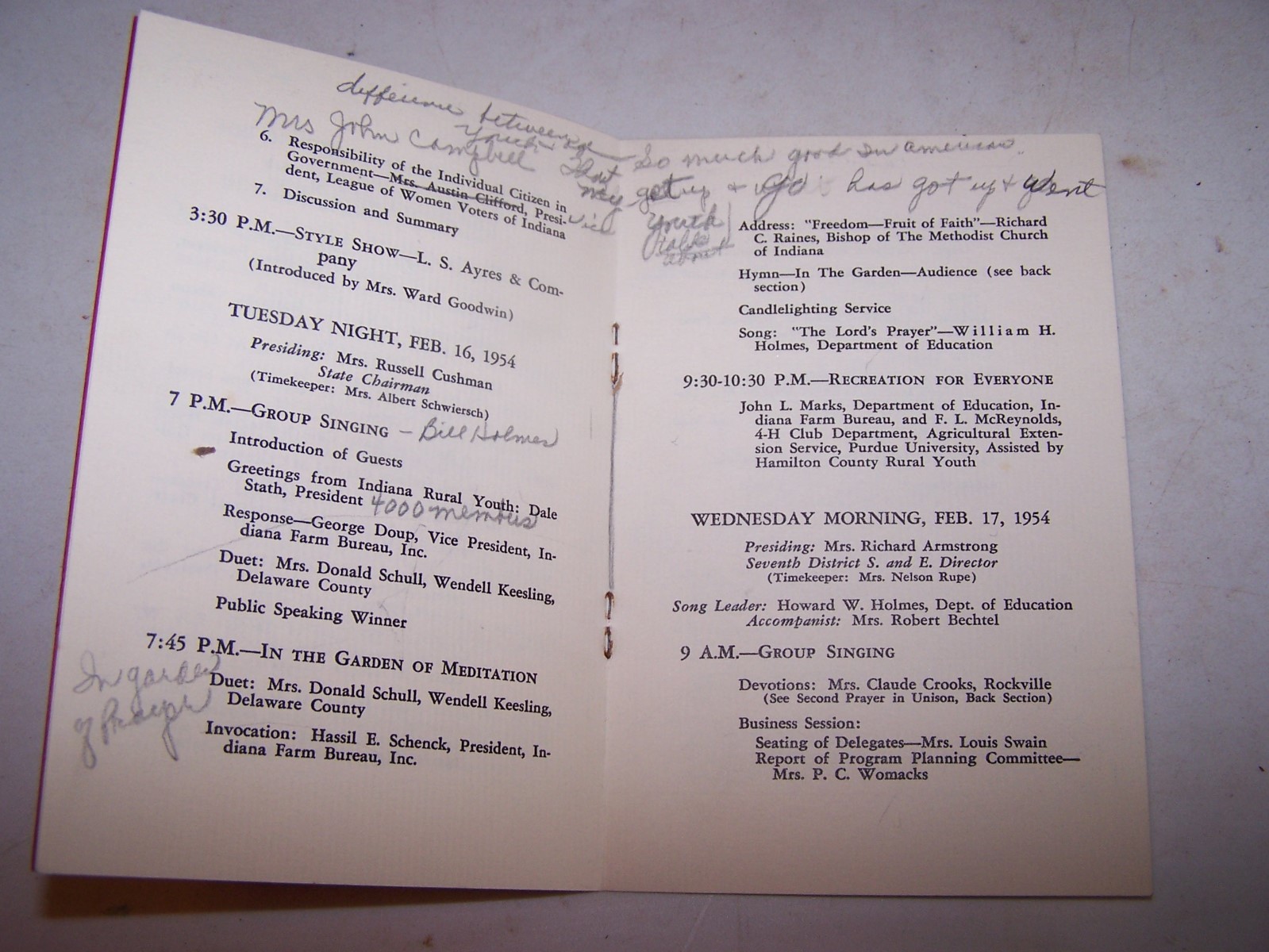 1954 INDIANA FARM BUREAU Social & Educational Conference Program INDIANAPOLIS