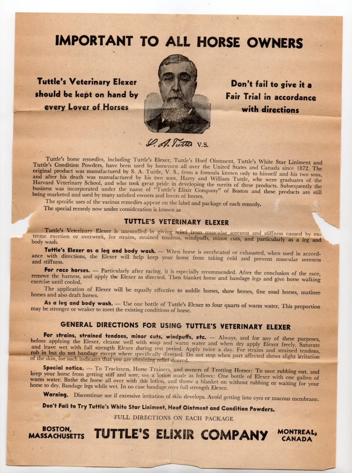 early – Tuttle&rsquo;s Veterinary Elexer, bottle handout sheet – XL2Z