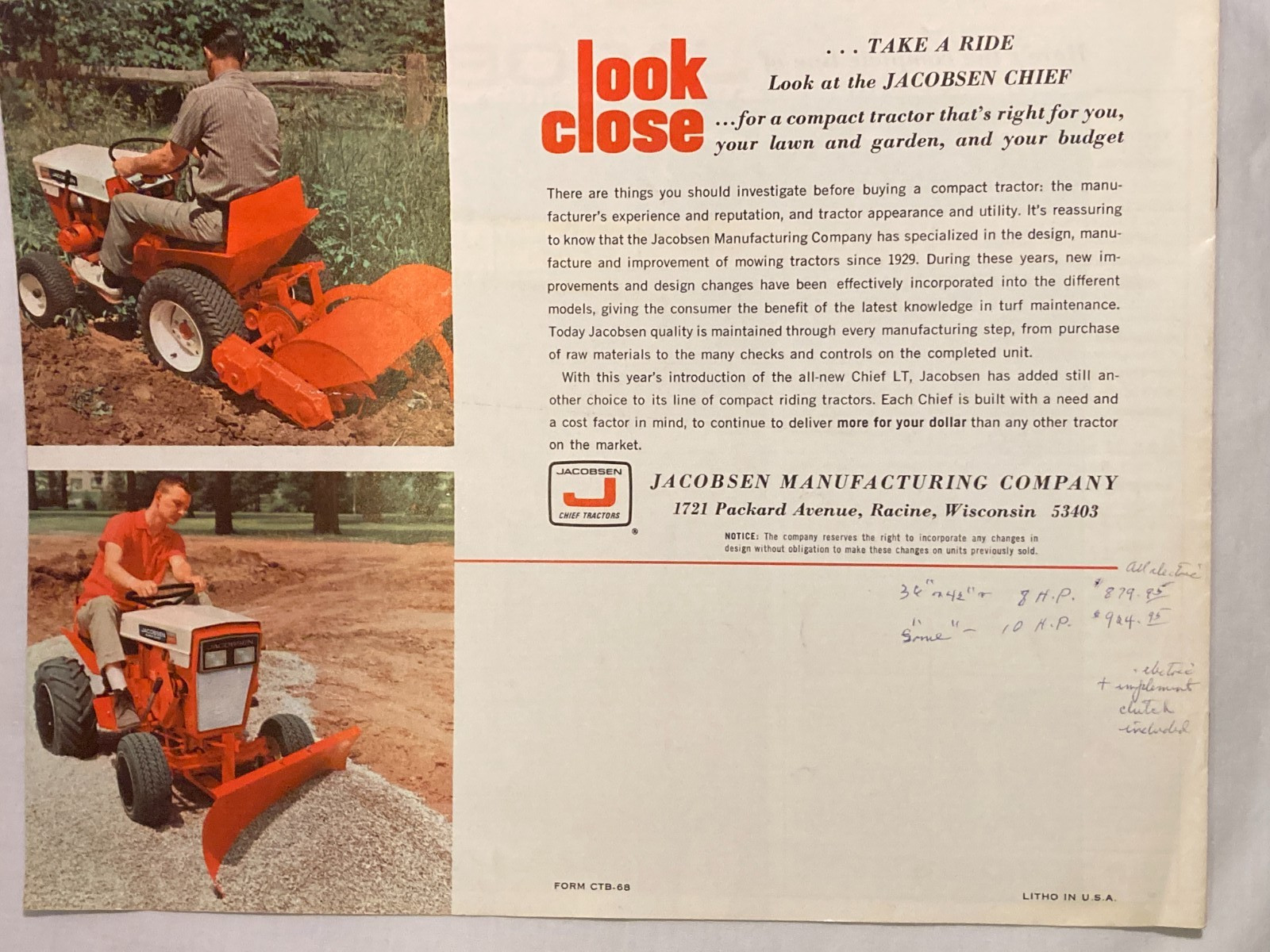 1968 Jacobsen Tractors Jacobsen Company Racine, Wisconsin, Mower Tractor Catalog