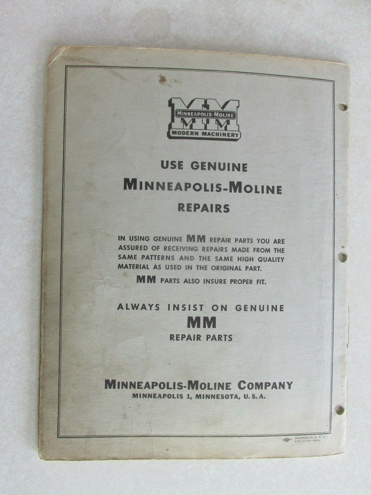MBF49 Farm Manual MM Minneapolis Moline repair catalog Tractor mowers UM 2 3 4