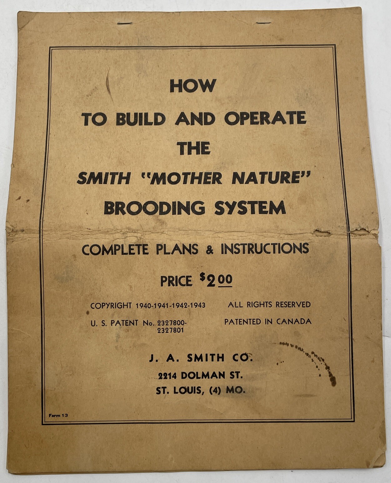 1943 Pamphlet Smith Mother Nature Brooding System J.A. Smith Vintage Original