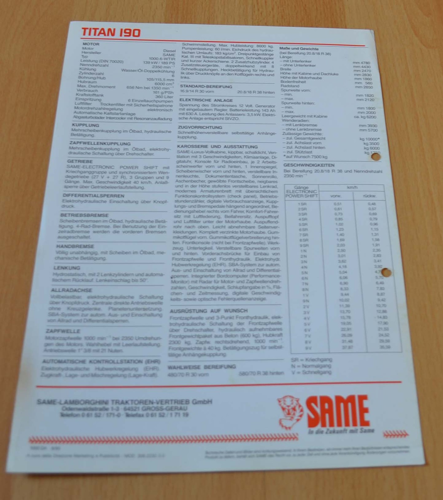 Same Titan 190 Tractor Agriculture Machinery Brochure Prospekt Opuscolo