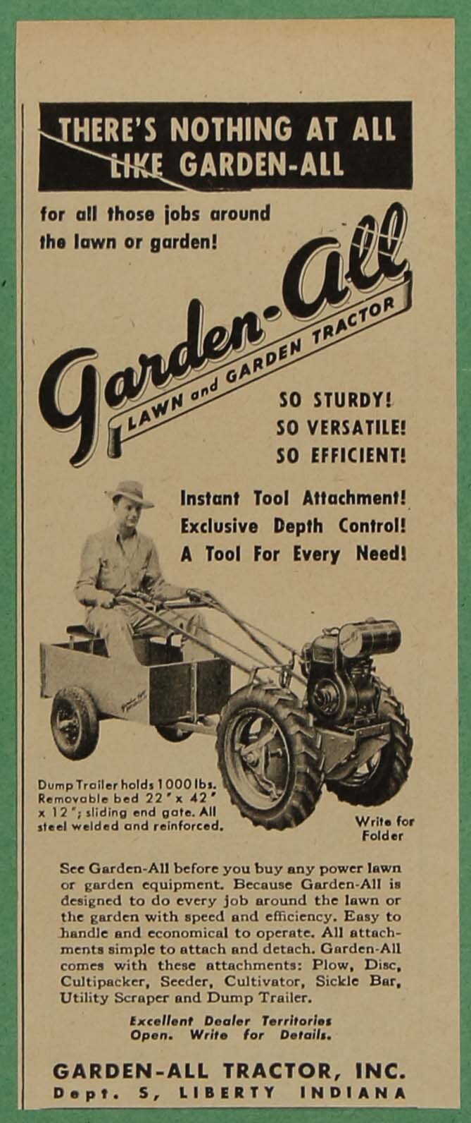 Garden All Lawn Tractor Dump Trailer Liberty IN Vintage Print Ad 1947