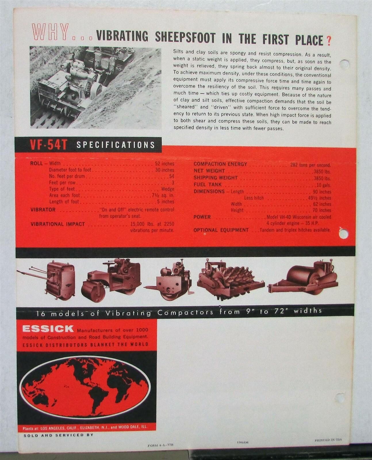 1947 Essick VF 54T Vibrating Sheepsfoot Specs Construction Sales Data Sheet