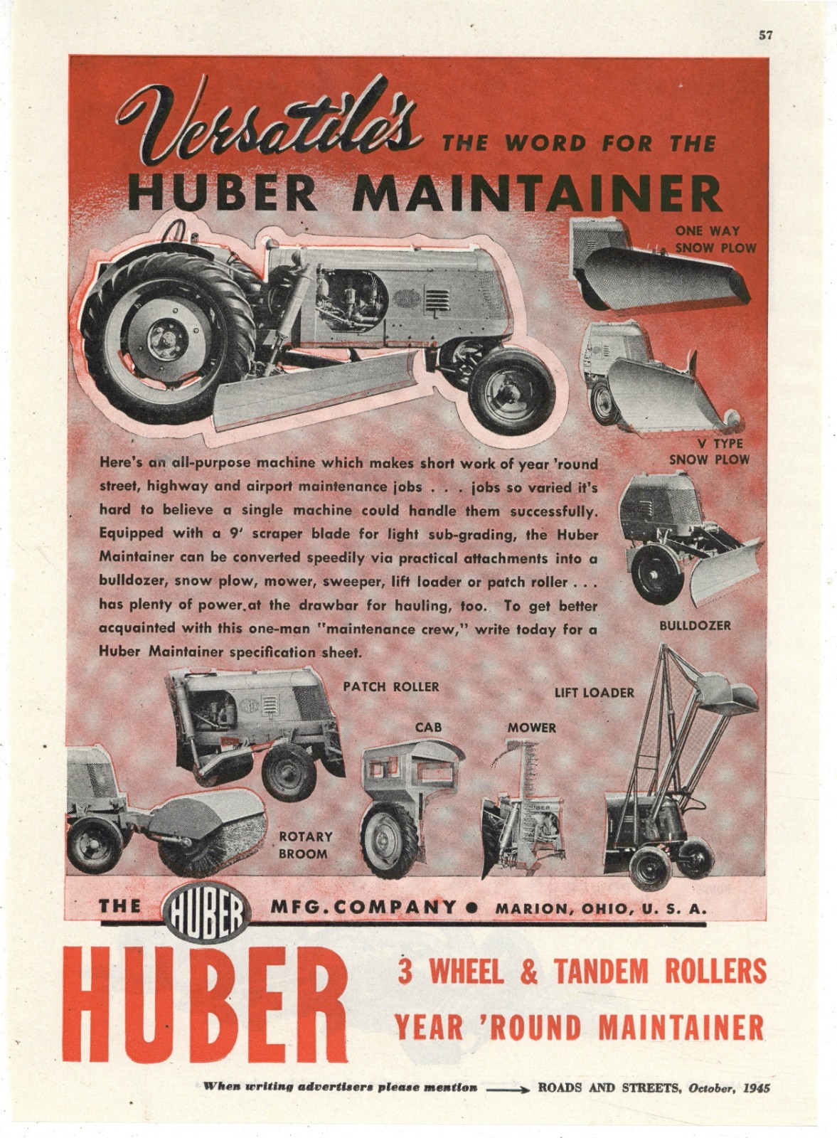 1945 Ads F&B of PG: Huber Maintainer Tractor, Marion OhiO & GM Diesel Engines