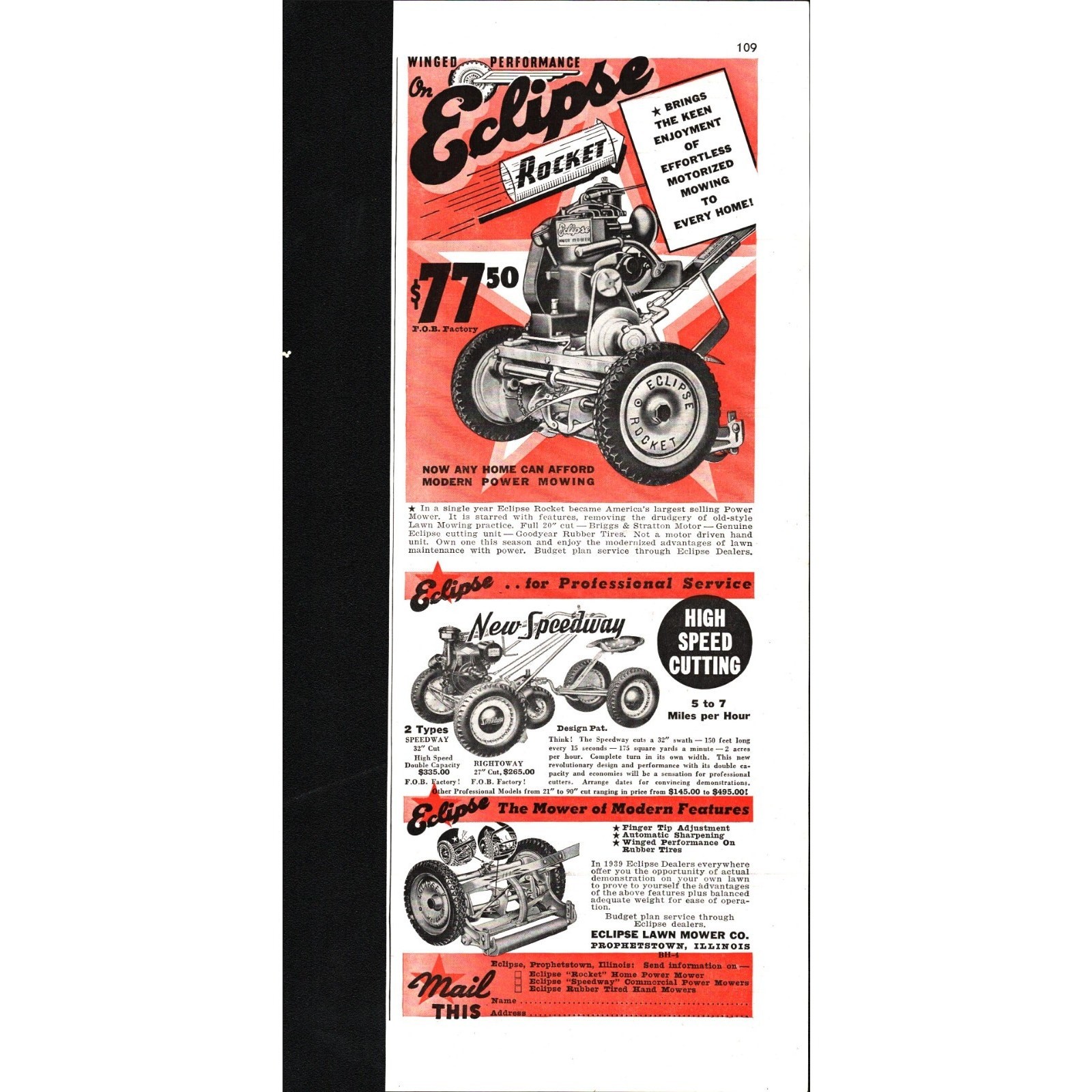1939 ECLIPSE Rocket Power Lawn Mower Vintage Print AD w/ Push & Professional a7