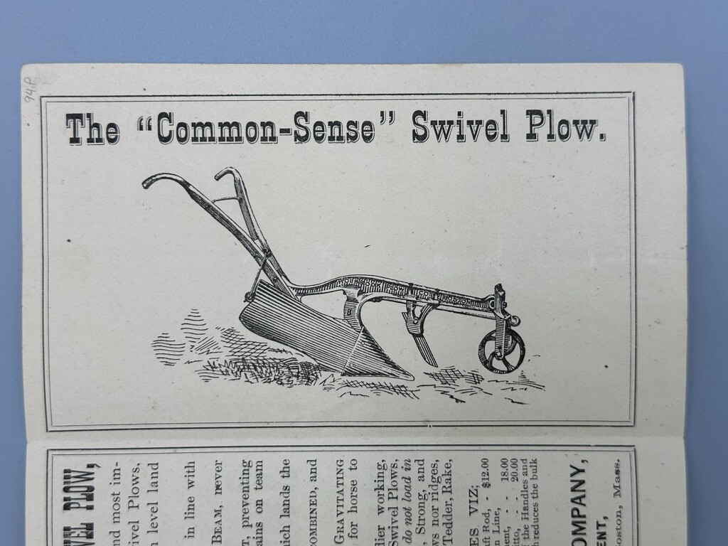 c 1900 F F HOLBROOK PLOW Common Sense Swivel Plow FARM Advertise BOSTON Brochure