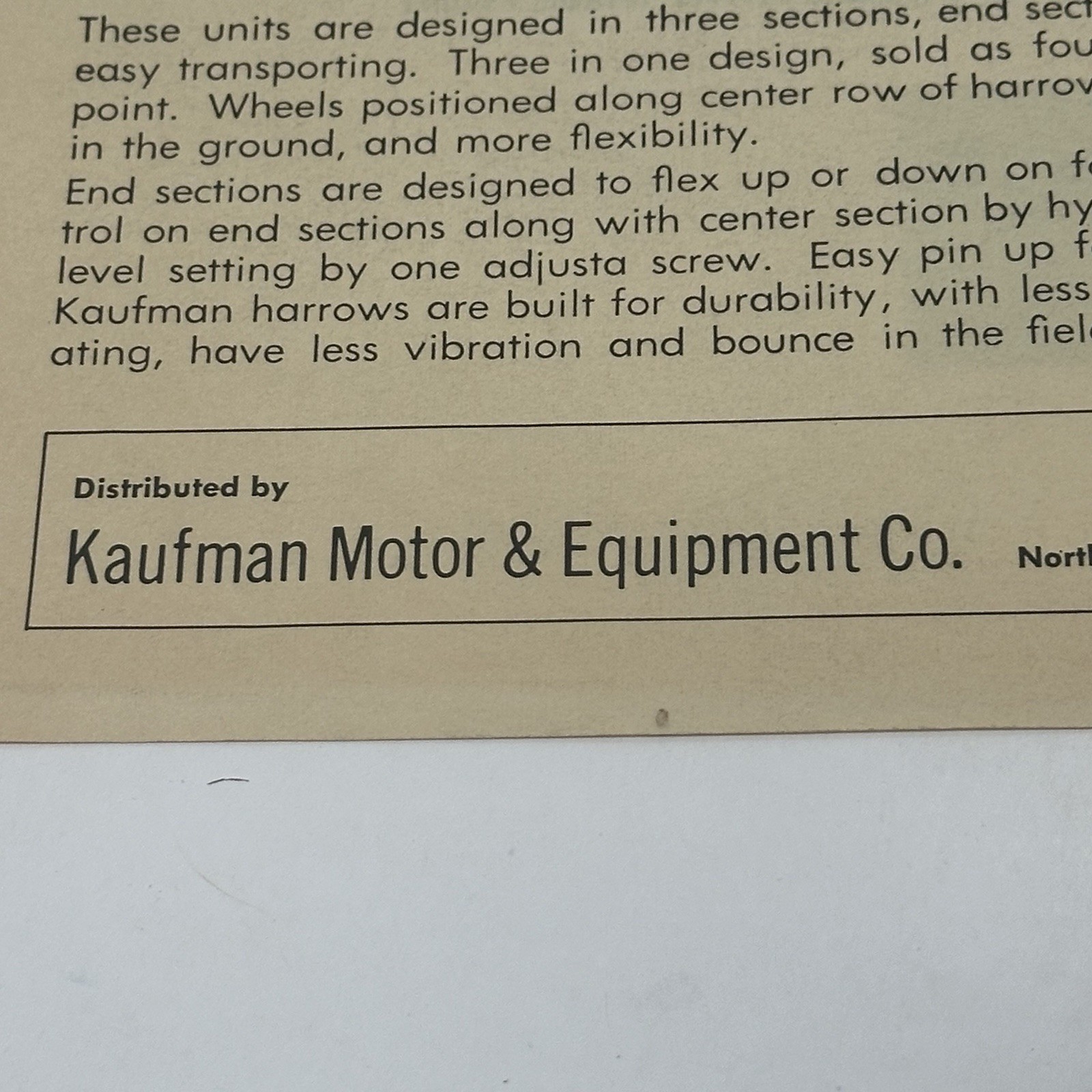 Vintage Kaufman Motor & Equip. Flyer Brochure Spring Tooth Harrow Newton KANSAS