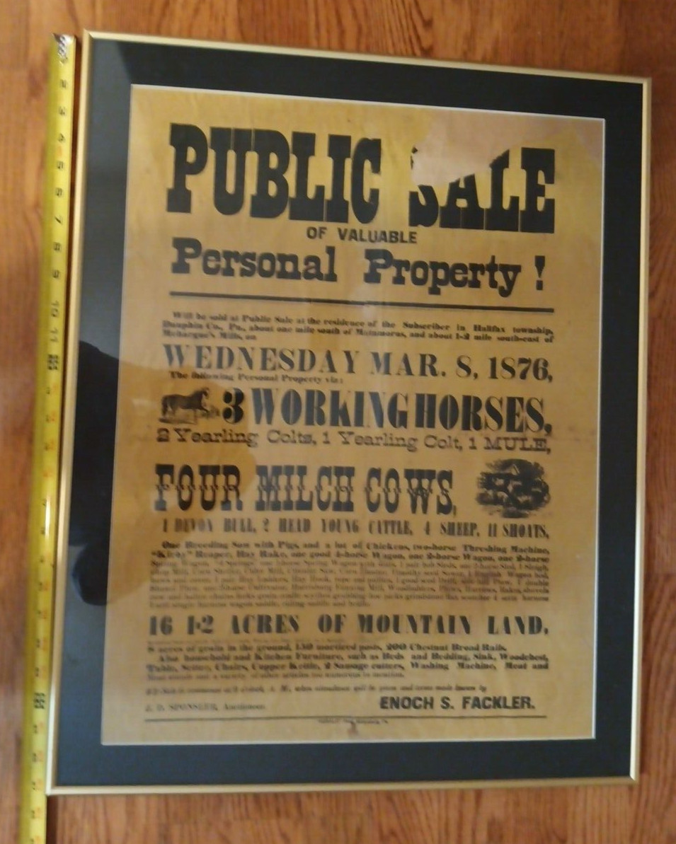 1876 Public Farm Sale Framed Auction Notice, Halifax Township, Pennsylvania