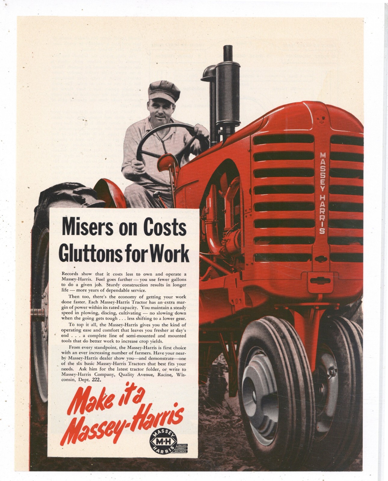 1949 Massey Harris Tractor Ad: Misers on Cost; Gluttons for Work – Racine, WI