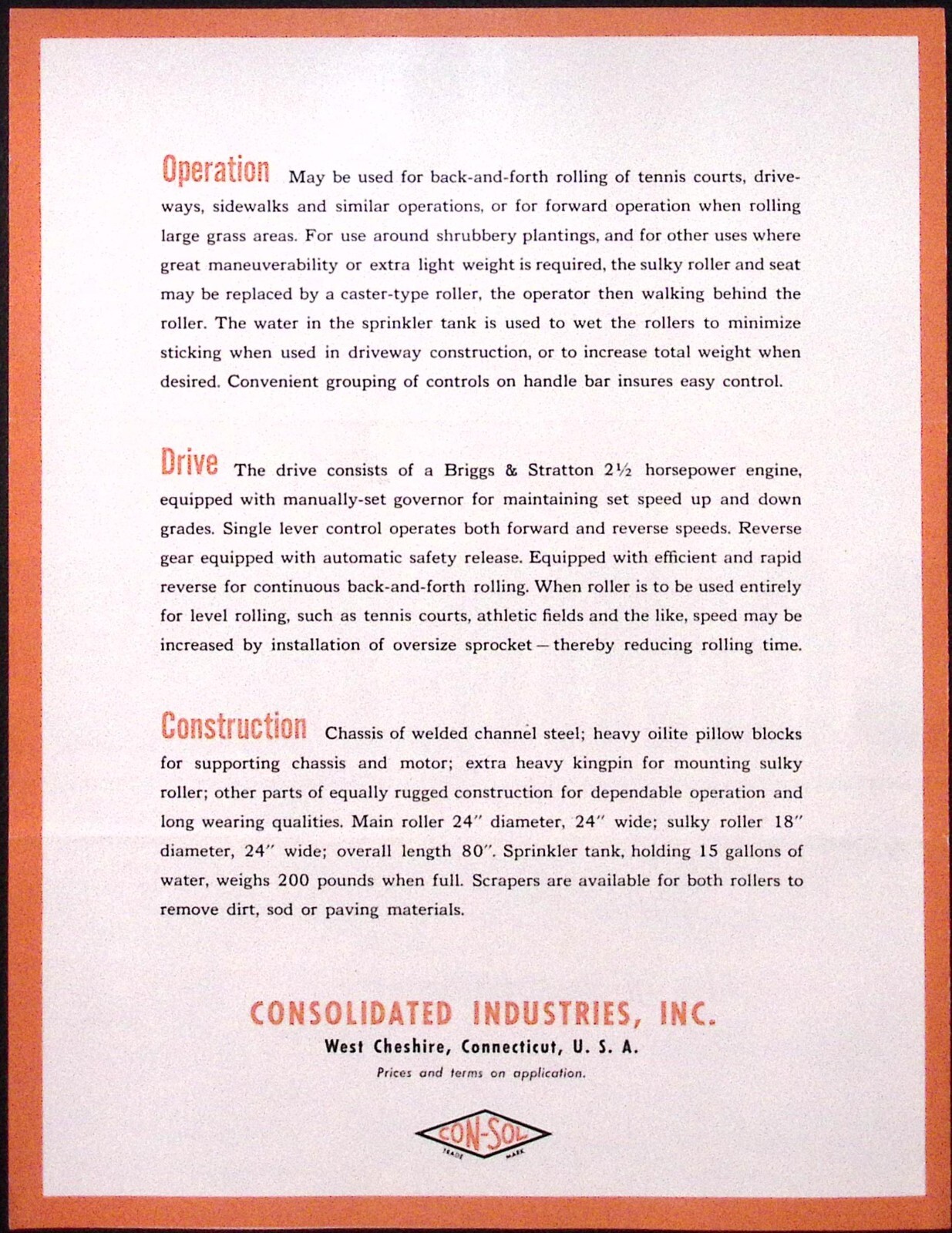 1953 Con-Sol Power Roller Brochure Consolidated Industries Inc West Cheshire CT