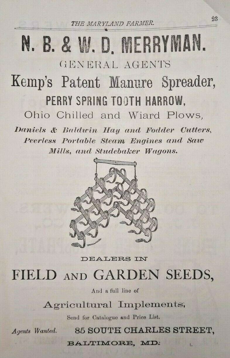 1881 Baltimore Print Ad W.D. Merryman Kemp&rsquo;s Manure Spreader Farming Machinery