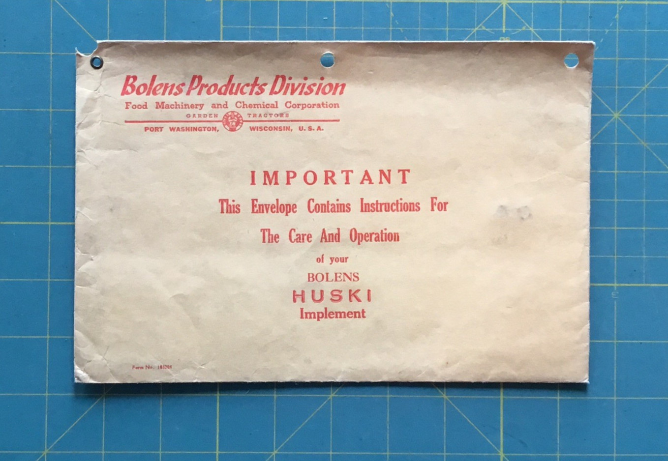 Bolens Products Division HUSKI Implement envelope, 1950&rsquo;s