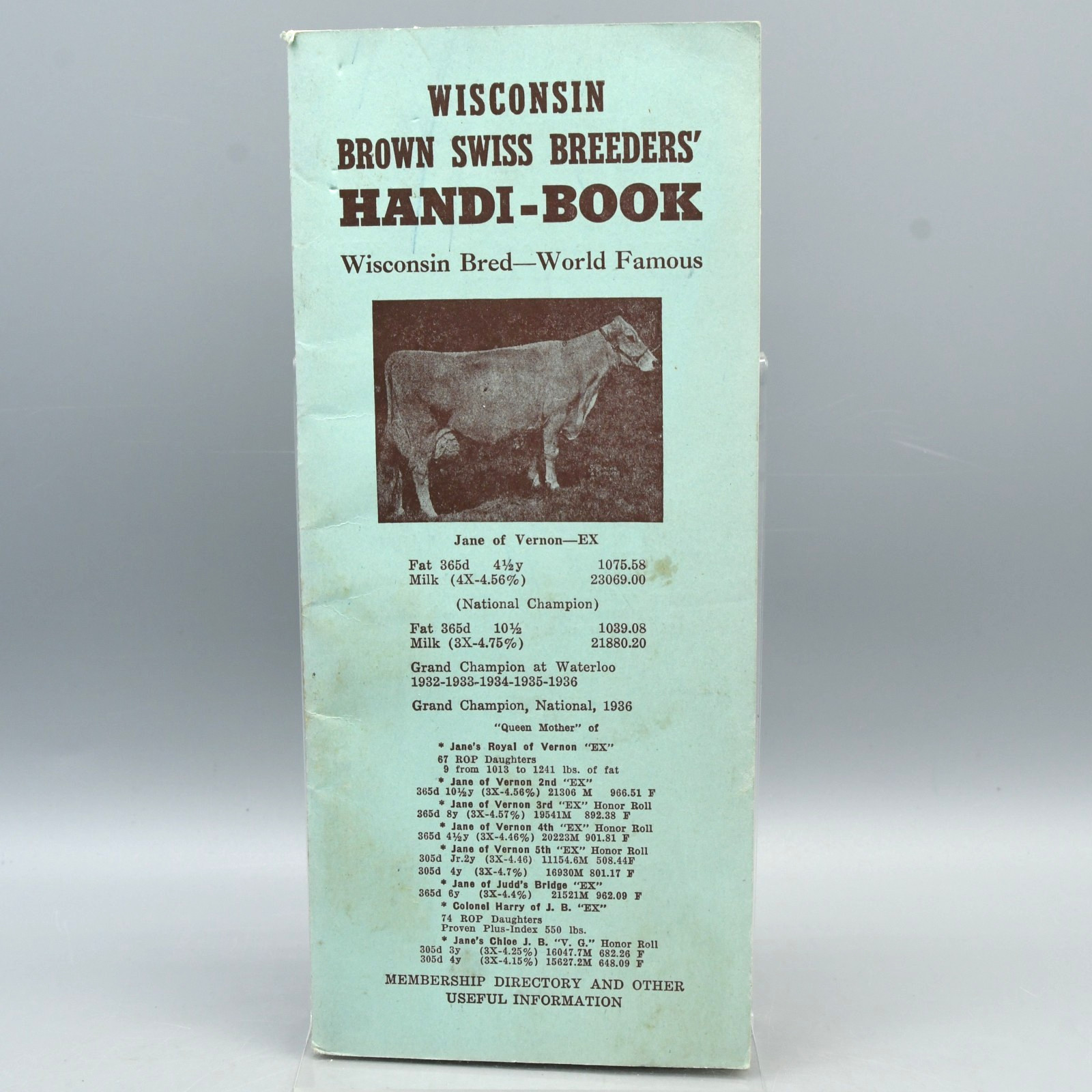 Wisconsin Brown Swiss Breeders Handi Book Directory 1951 Jane of Vernon Cover