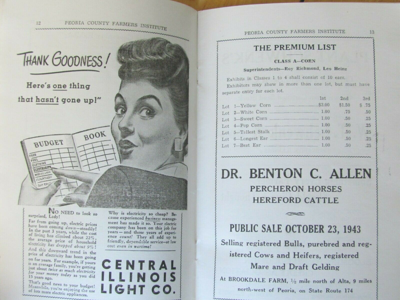 1943 SHOW PROGRAM BOOK PEORIA COUNTY FARM INSTITUTE DUNLAP IL LOCAL ADVERTISING