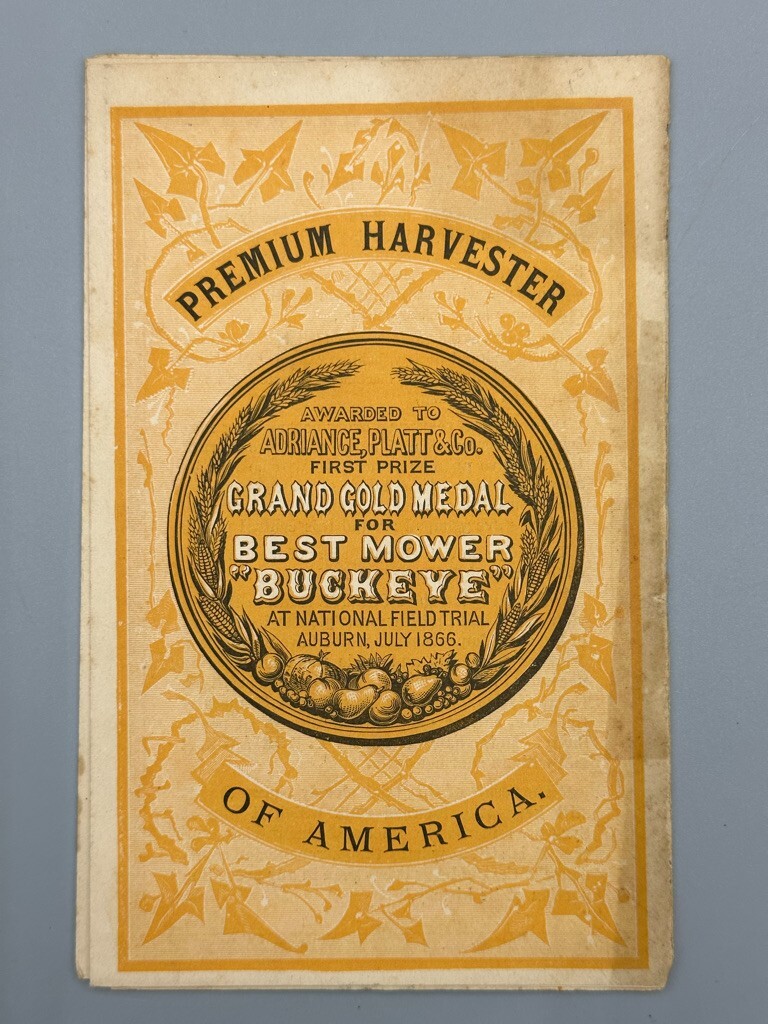 1873 BUCKEYE MOWER Adriance Platt FARM Advertising Trade Card Era MOUNT HOLLY NJ