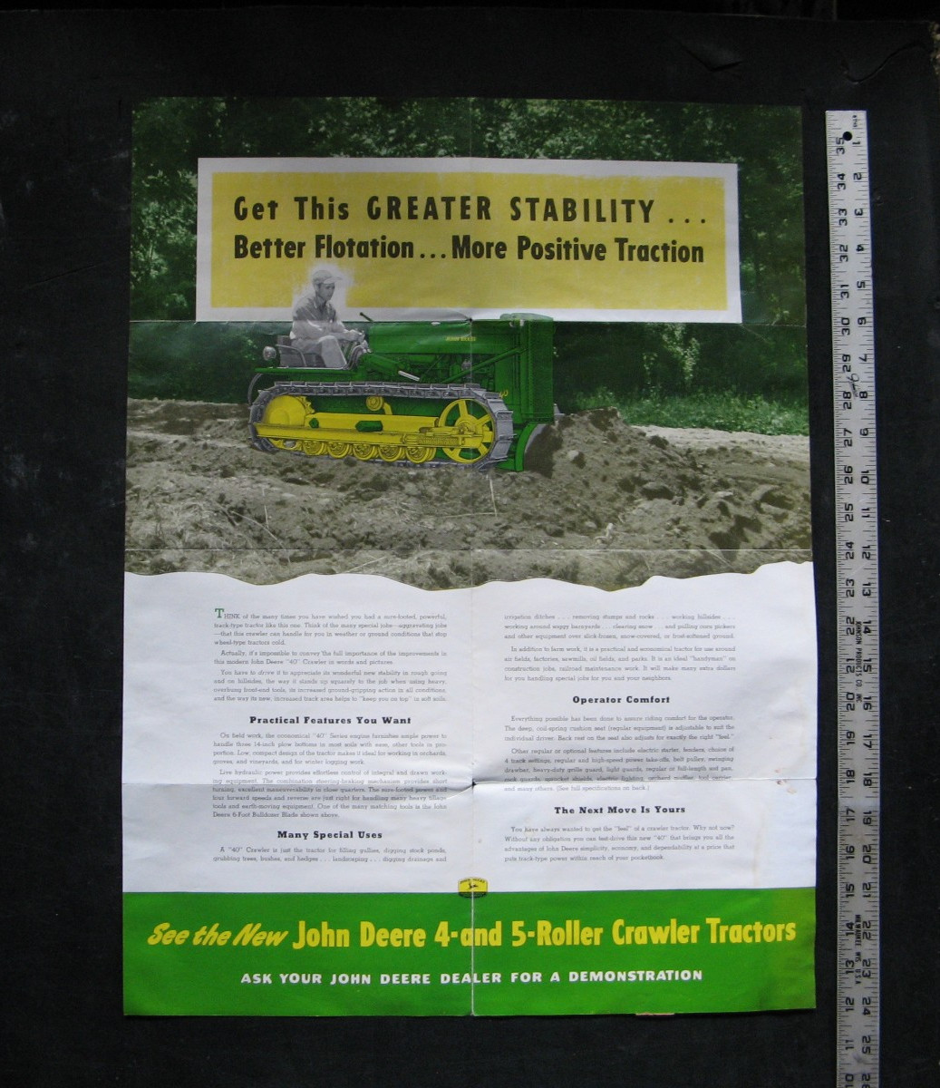1953 JOHN DEERE Model 40 CRAWLER TRACTOR Sales Brochure/fold-out Poster VINTAGE