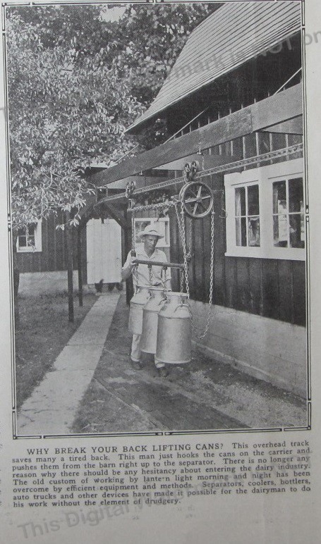 1919 Article Overhead Track Design Lifting Milk Cans Barn toSeparator Dairy Farm