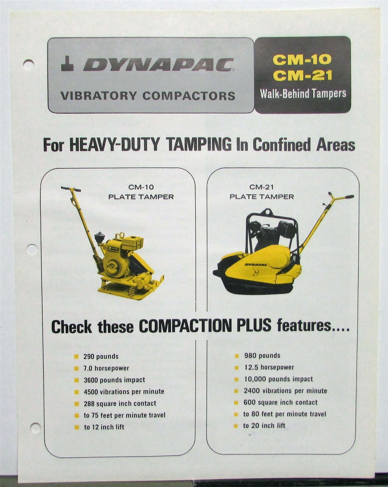 1975 Dynapac Walk Behind Tampers CM 10 21 Specs Construction Sales Data Sheet