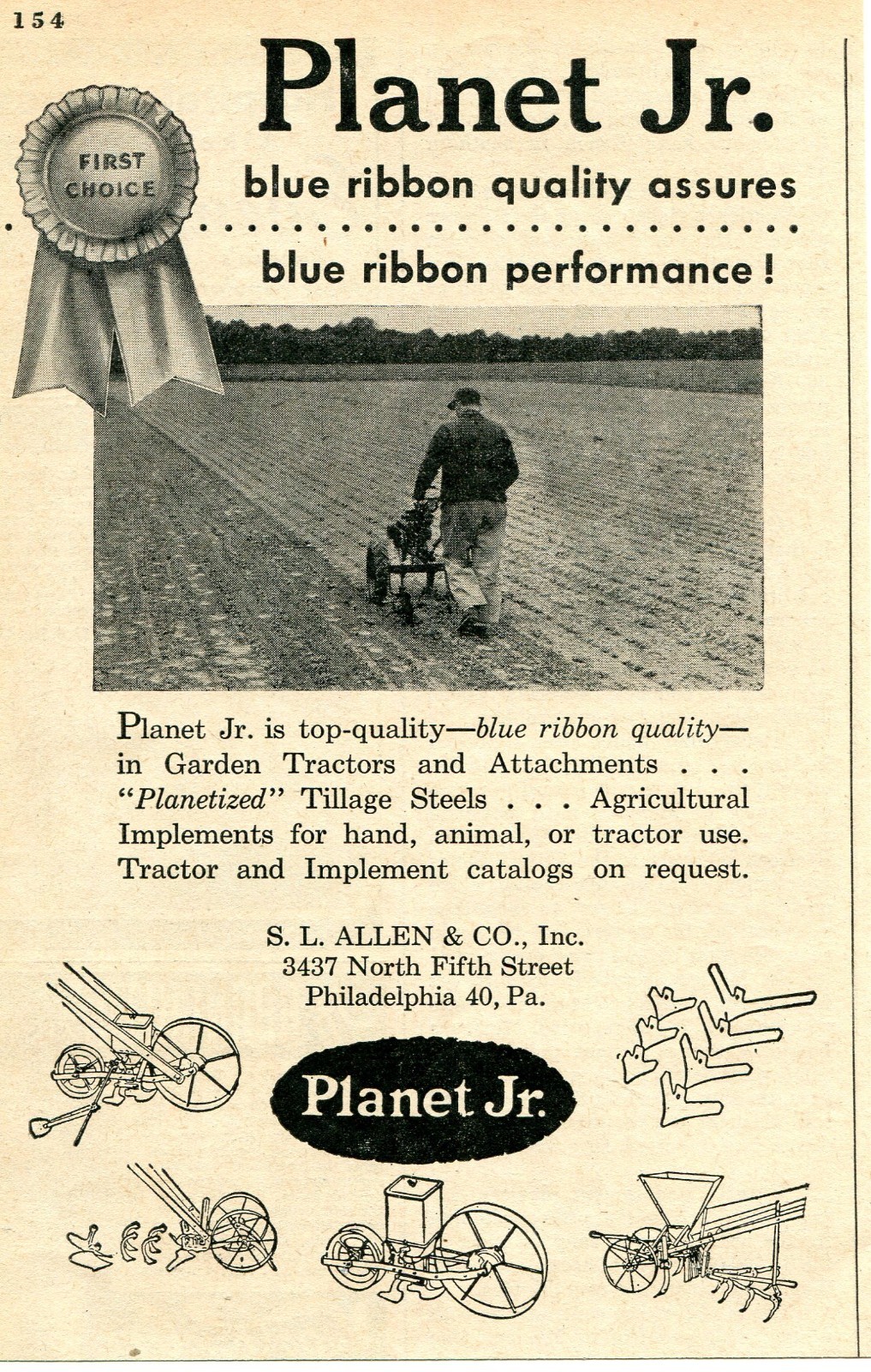 1948 small Print Ad of SL Allen Planet Jr Blue Ribbon Quality Garden Tractor