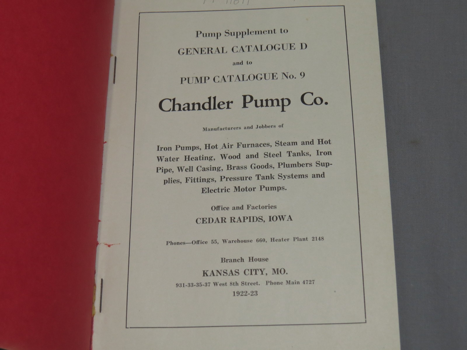 Vintage 1920&rsquo;s CHANDLER Pump Supply Co Full Line Catalog Kansas City Missouri