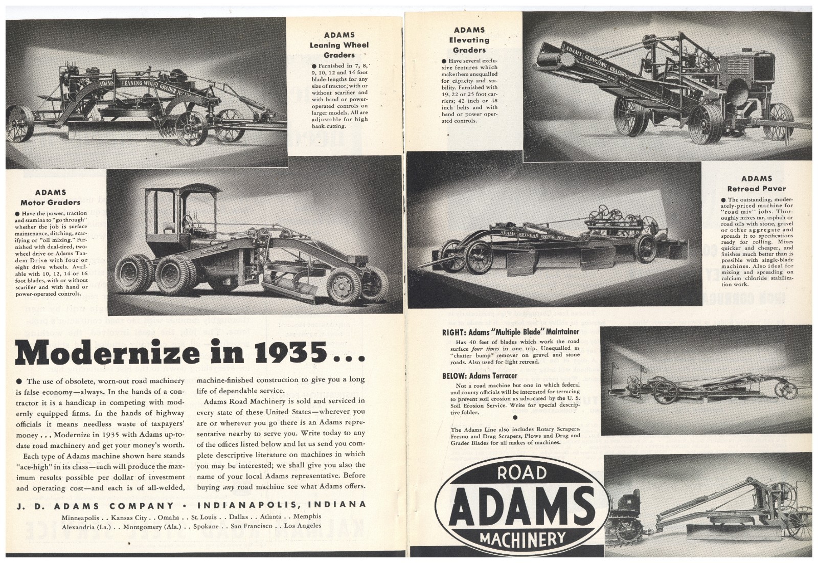 1935 J.D. Adams Co. of Indianapolis 2 Separate Pg. Ad: Motor, Elevating Graders