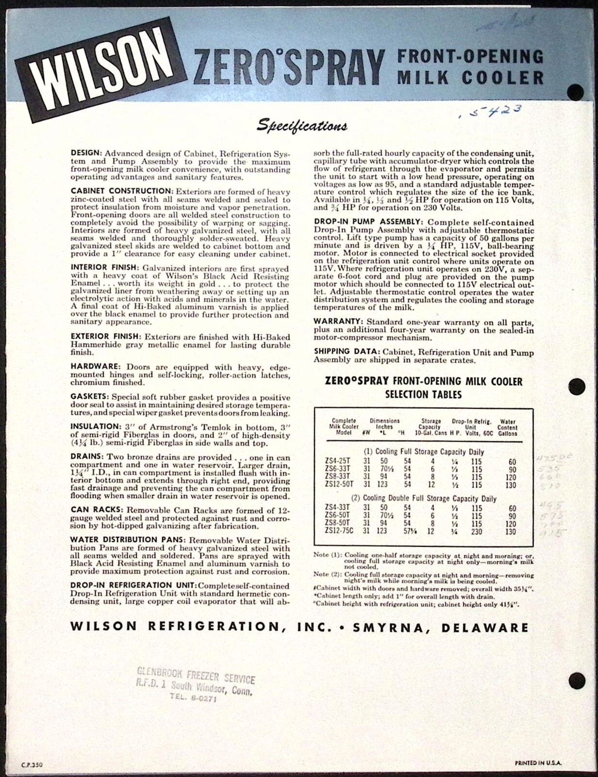 1950s Wilson Zero Spray Front Opening Milk Coolers Wilson Refrigeration Brochure