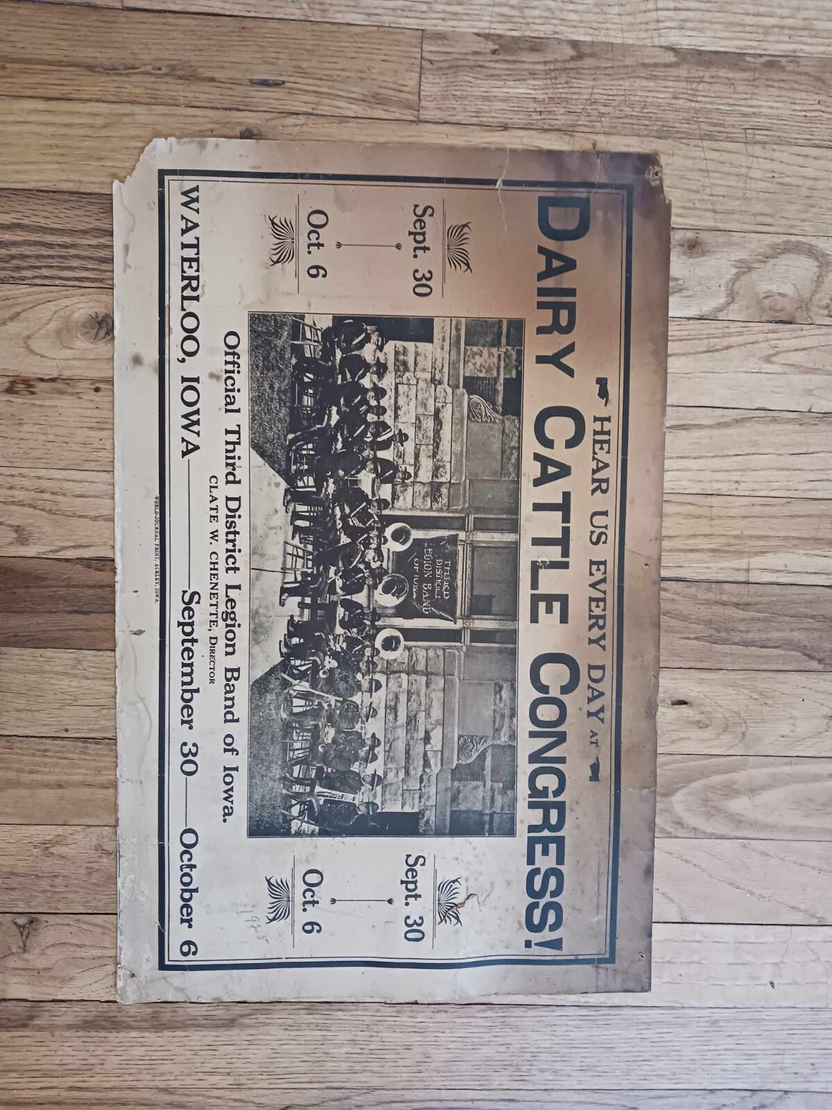 1925 DAIRY CATTLE CONGRESS POSTER SIGN LEGION BAND WATERLOO ACKLEY IOWA 22&Prime; X 14