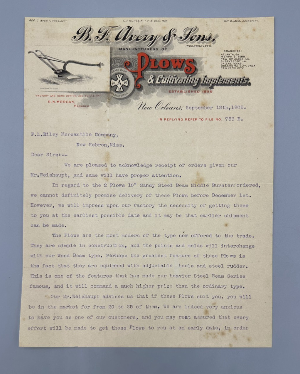 1908 B F AVERY & Sons PLOWS Letter FARM Advertising NEW ORLEANS 2-Page