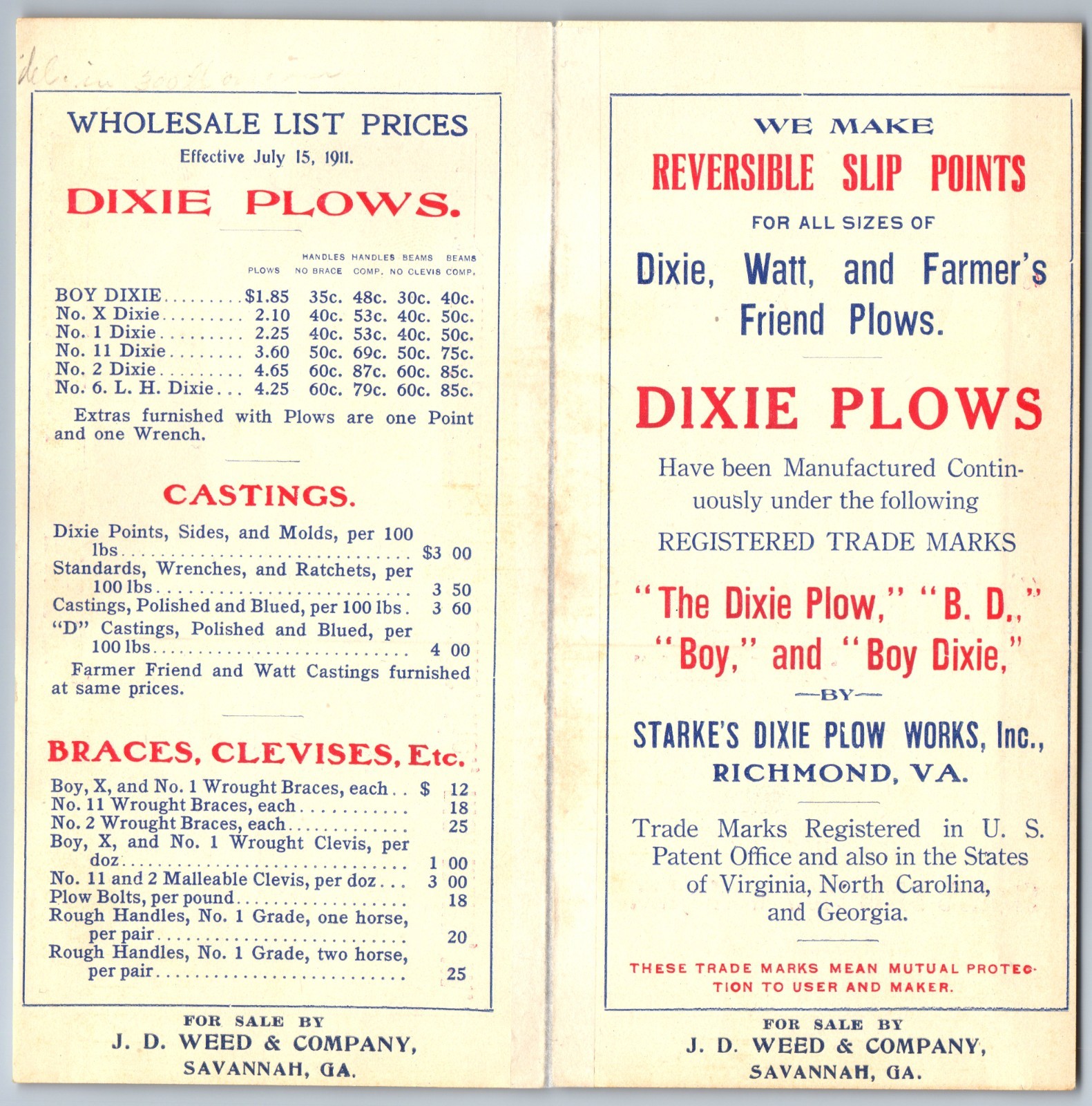 1911 RICHMOND, VA DIXIE PLOWS STARKE, SAVANNAH GA J.D. WEED PRICE BROCHURE F60