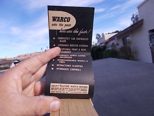 Vintage Warco Road Grader W A Riddel Corp Bucryus Ohio Matchbook Advertising