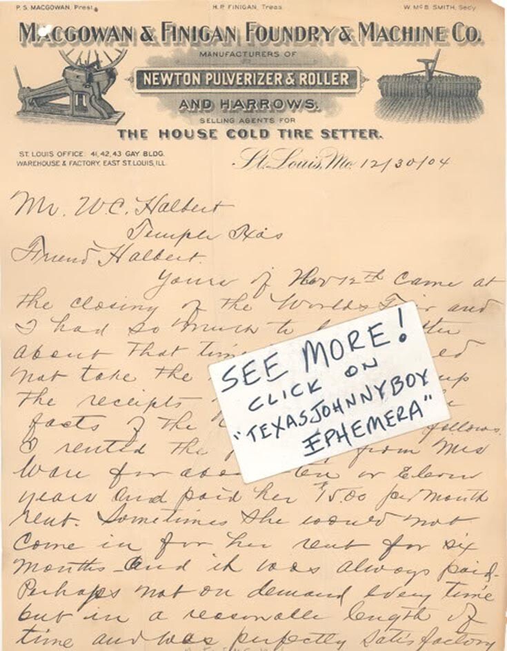1904 LETTERHEAD St. Louis Missouri MACGOWAN FINIGAN farming NEWTON PULVERIZER