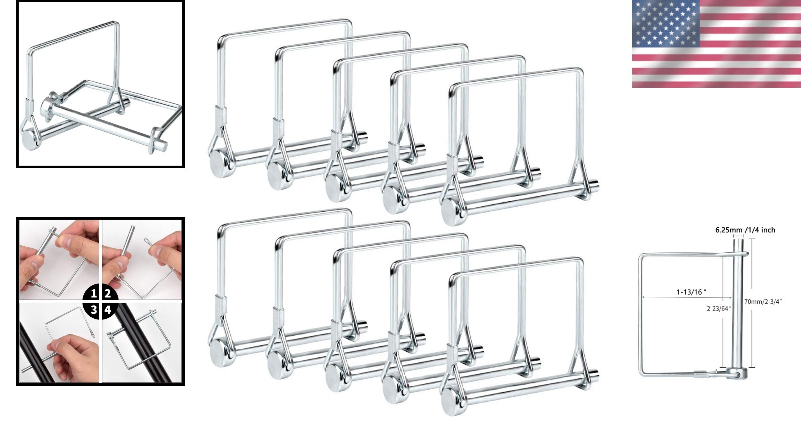 Durable 10 PCS 1/4&Prime; x 2-3/4&Prime; Square Locking Pins Perfect for Trailers & Gardens