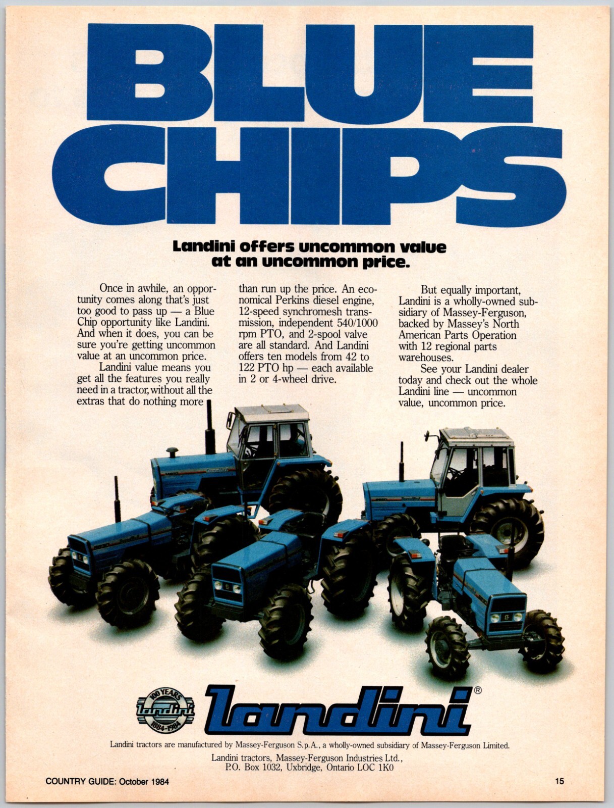 PRINT AD Landini Tractors 1984 Blue Chips Massey Ferguson Uxbridge Ontario