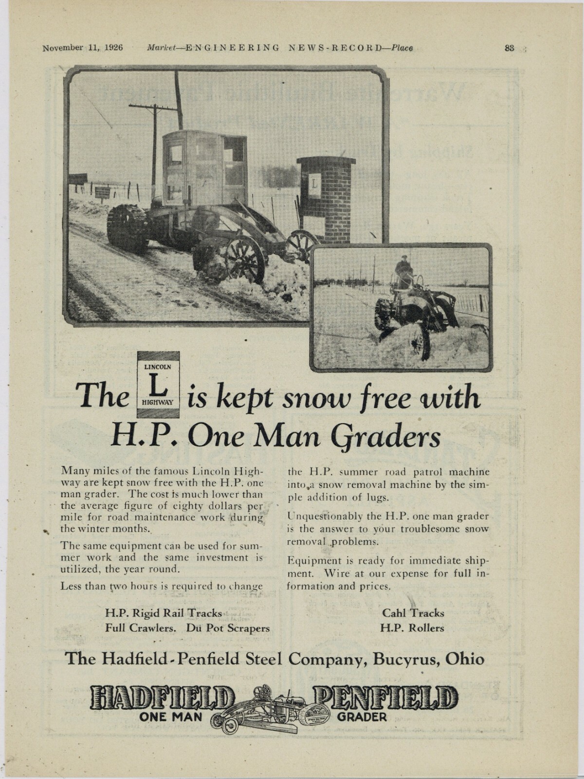1926 Hadfield Penfield Steel Co. Ad: One Man Road Grader – Bucyrus, OhiO