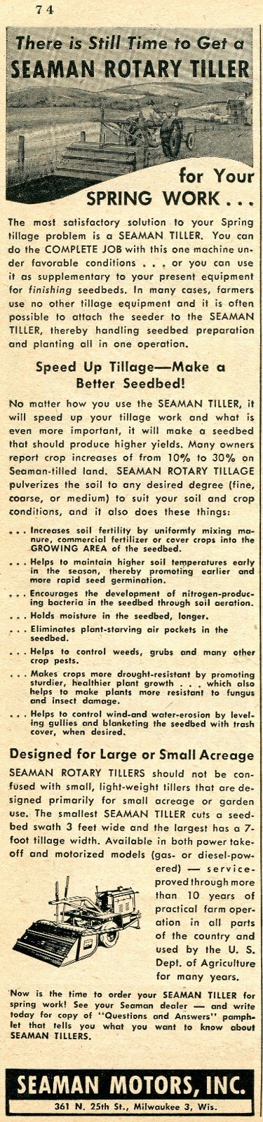 1948 small Print Ad of Seaman Motors Inc Rotary Tiller